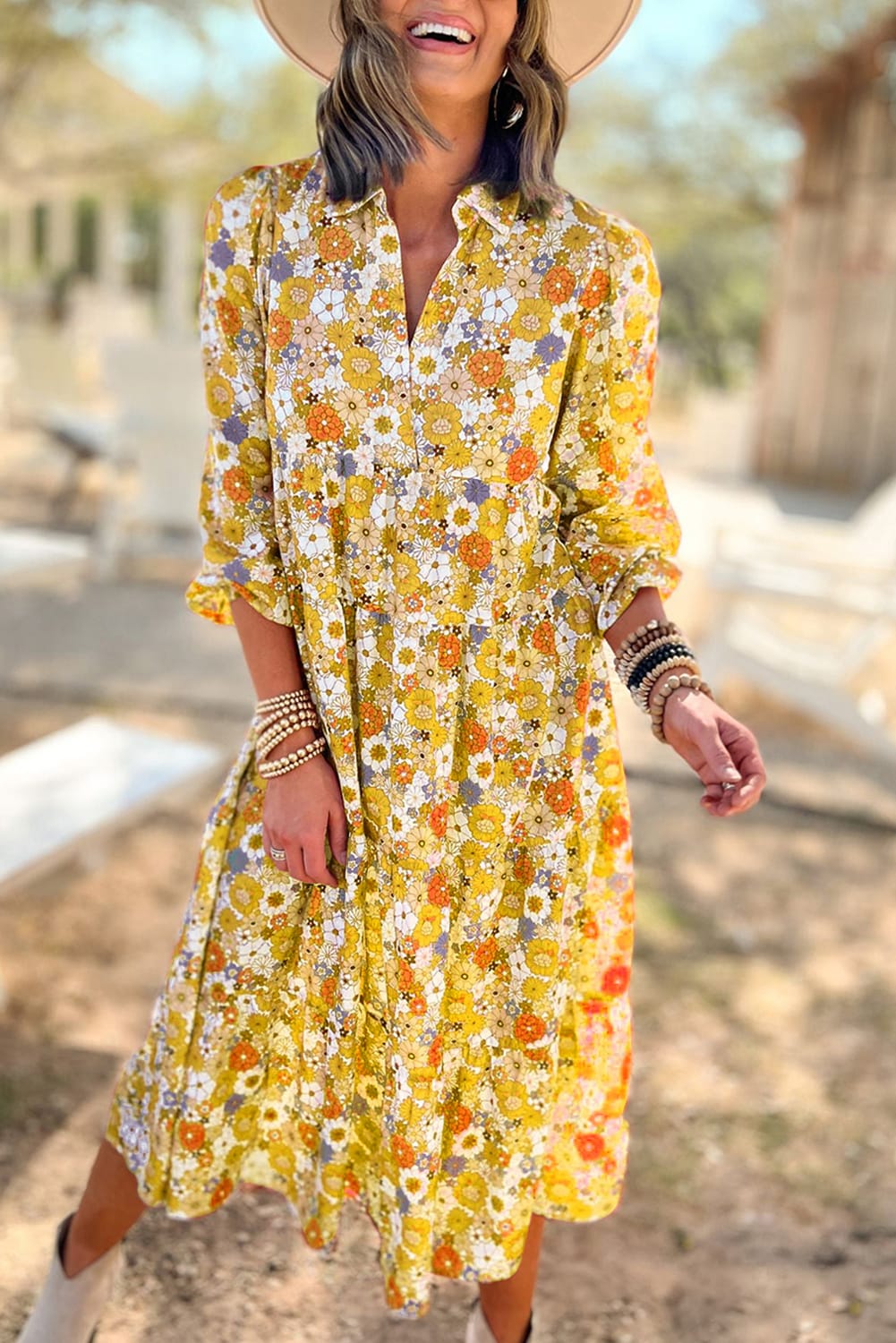 Multicolor Boho Floral Collared Long Sleeve Ruffled Dress Multicolor / M / 100%Polyester Multicolor Boho Floral Collared Long Sleeve Ruffled Dress Multicolor / M / 100%Polyester
