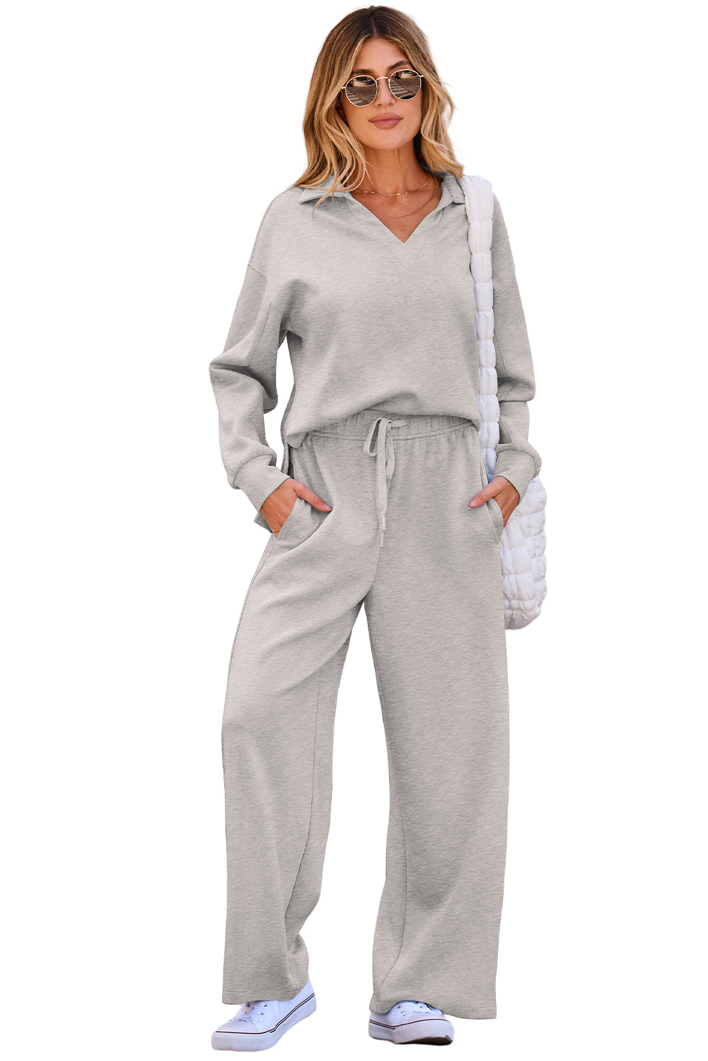 Gray Solid Color V Neck Top and High Waist Pants Set