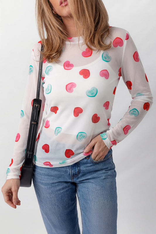 White Sheer Mesh Valentines Slogan Heart Printed Long Sleeve Top