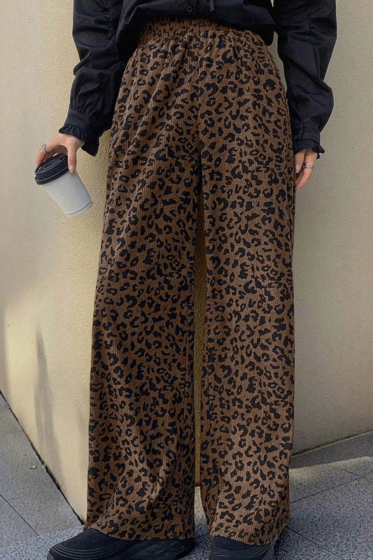 Dark Brown Leopard Print Elastic High Waist Loose Corduroy Pants