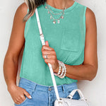Sea Green Mineral Wash Patched Chest Pocket Casual Tank Top