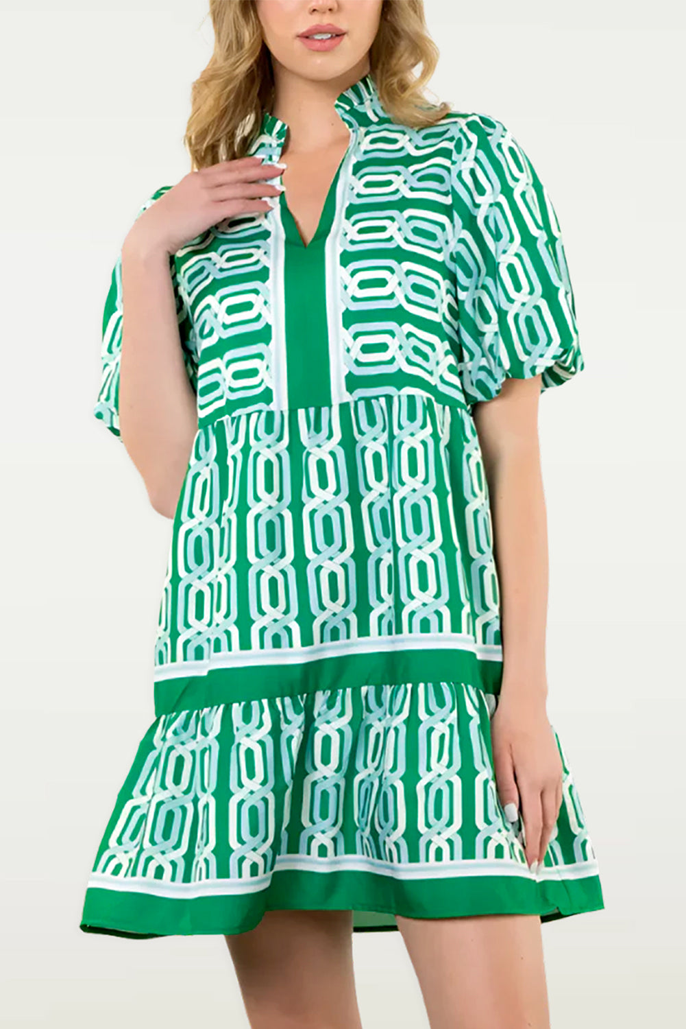 Bright Green Abstract Patterned V Neck Puff Short Sleeve Mini Dress HannaBanna Clothing Bright Green Abstract Patterned V Neck Puff Short Sleeve Mini Dress HannaBanna Clothing