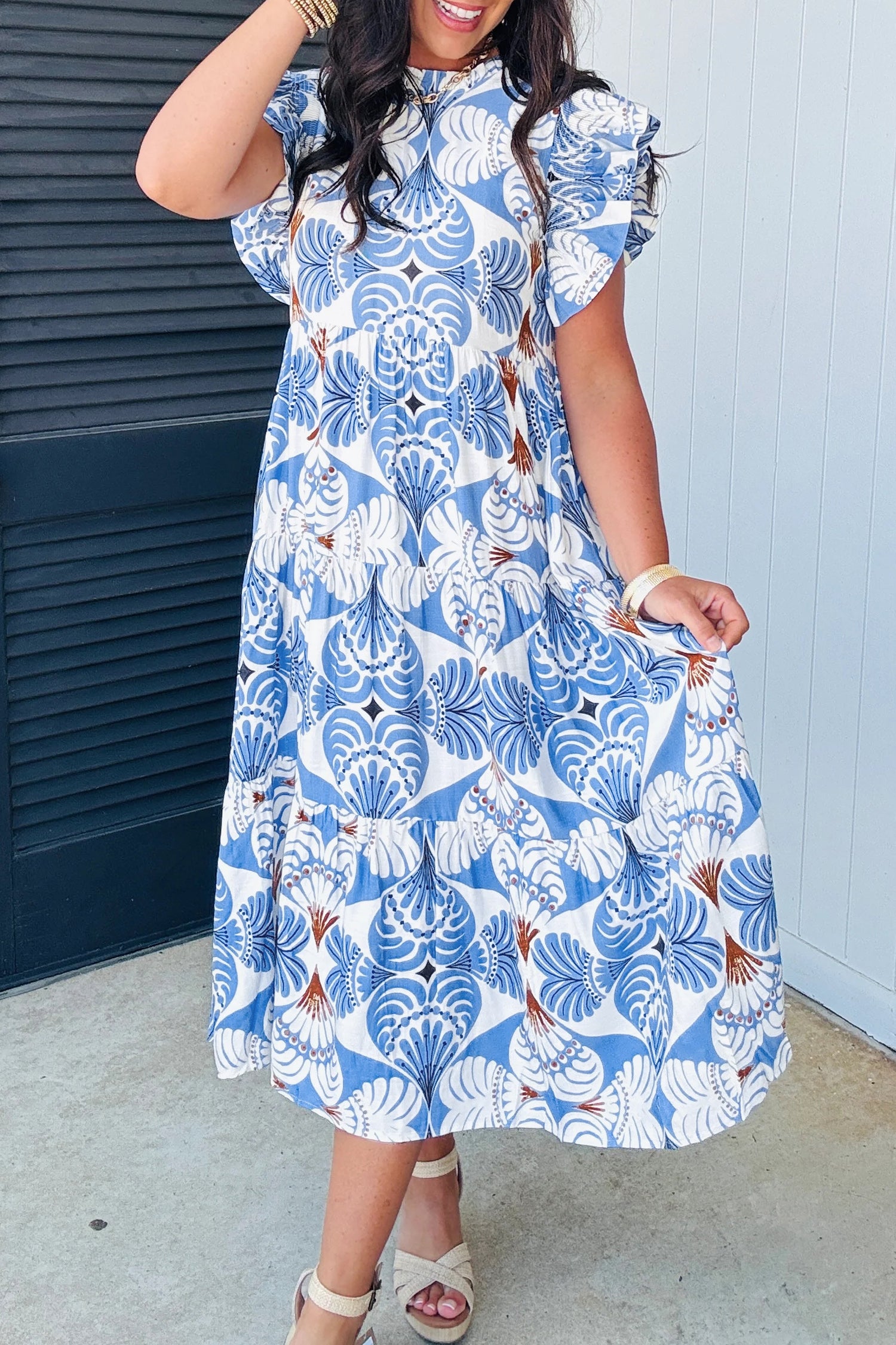 chinese dress ladies Sky Blue Tropical Botanic Print Flutter Sleeve Vacation Long Dress L