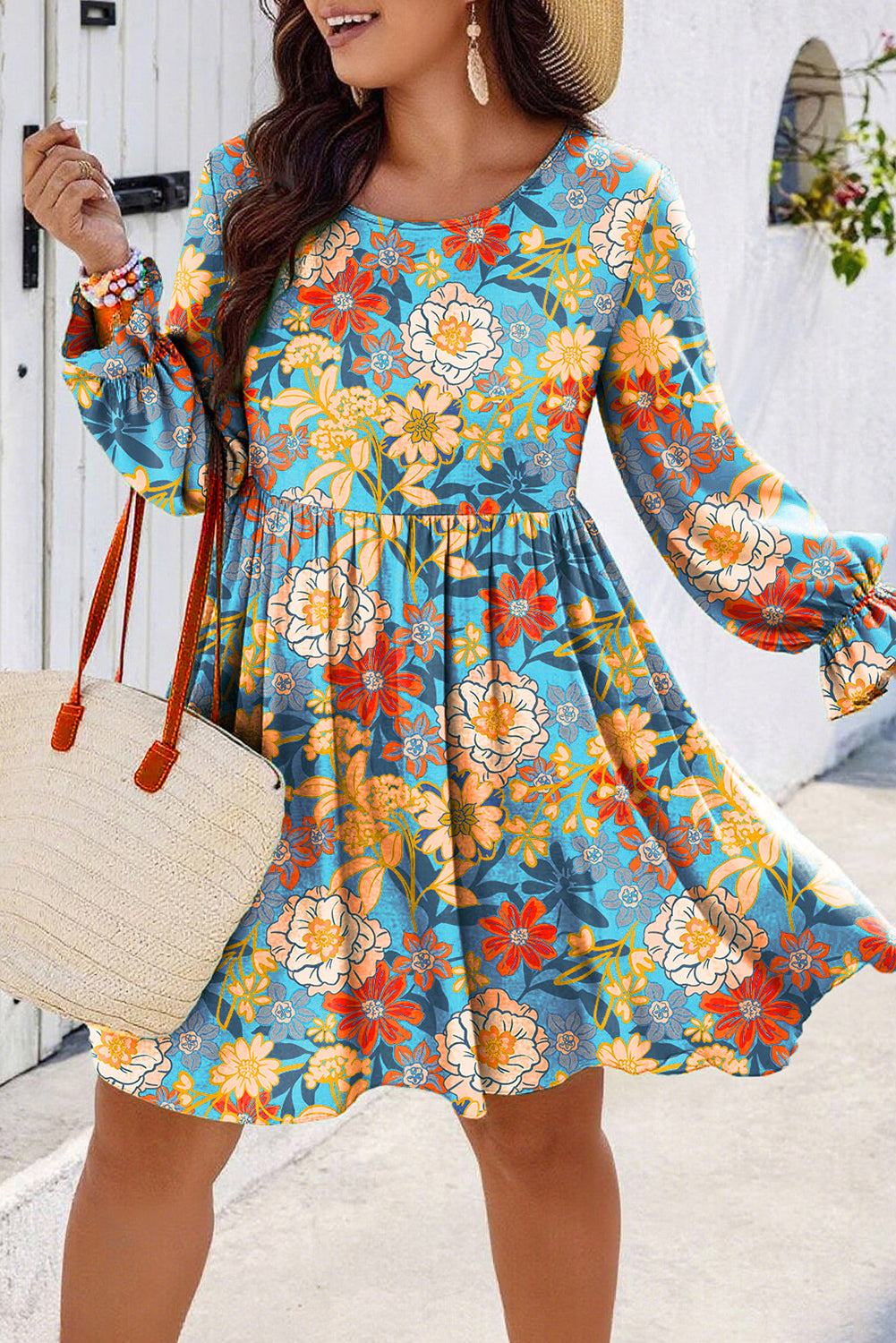 Blue Plus Size Floral Ruffled Long Sleeve Flowy Mini Dress HannaBanna Clothing Blue Plus Size Floral Ruffled Long Sleeve Flowy Mini Dress HannaBanna Clothing