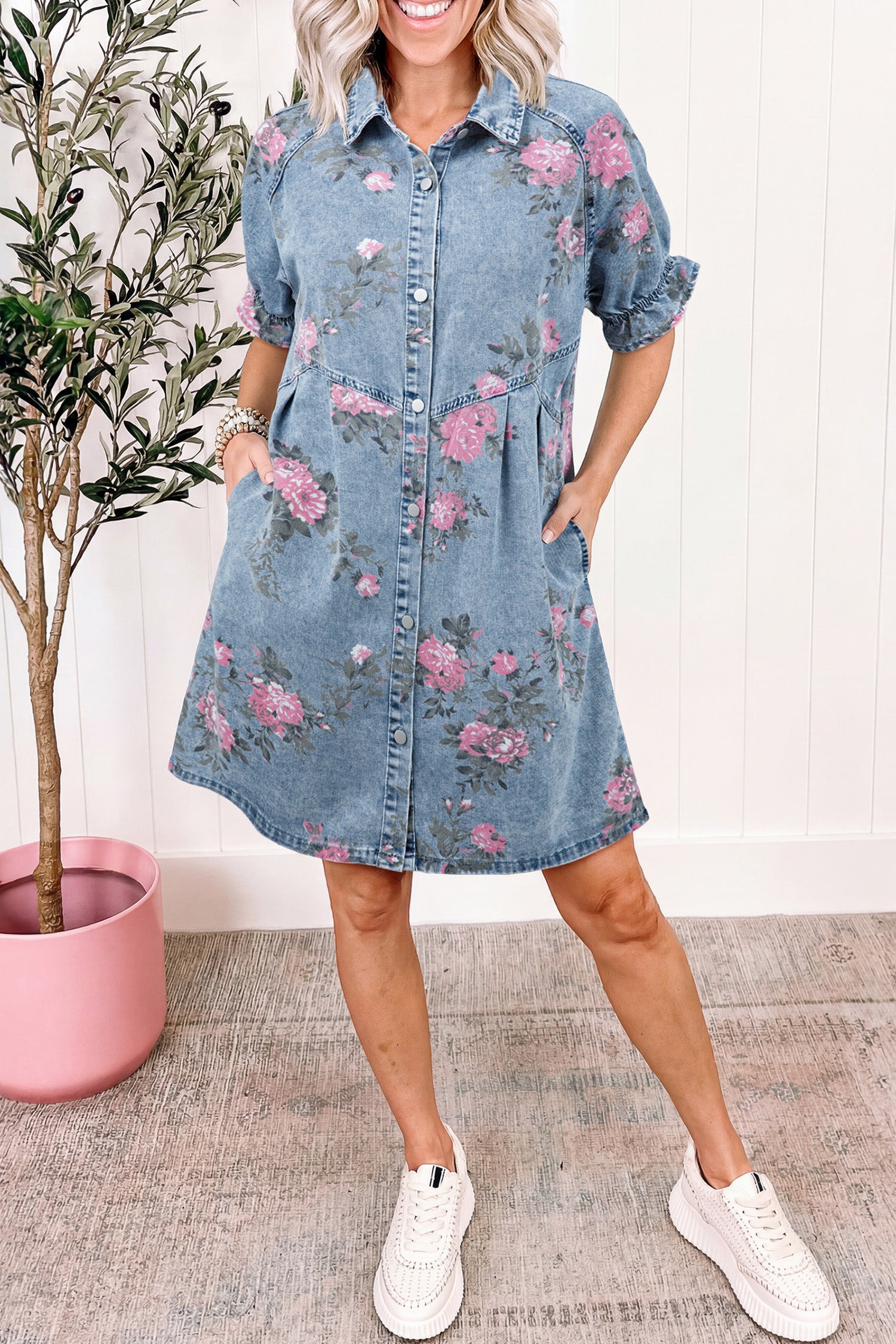 Sky Blue Floral Print Denim Short Sleeve Button Down Dress – HannaBanna Clothing