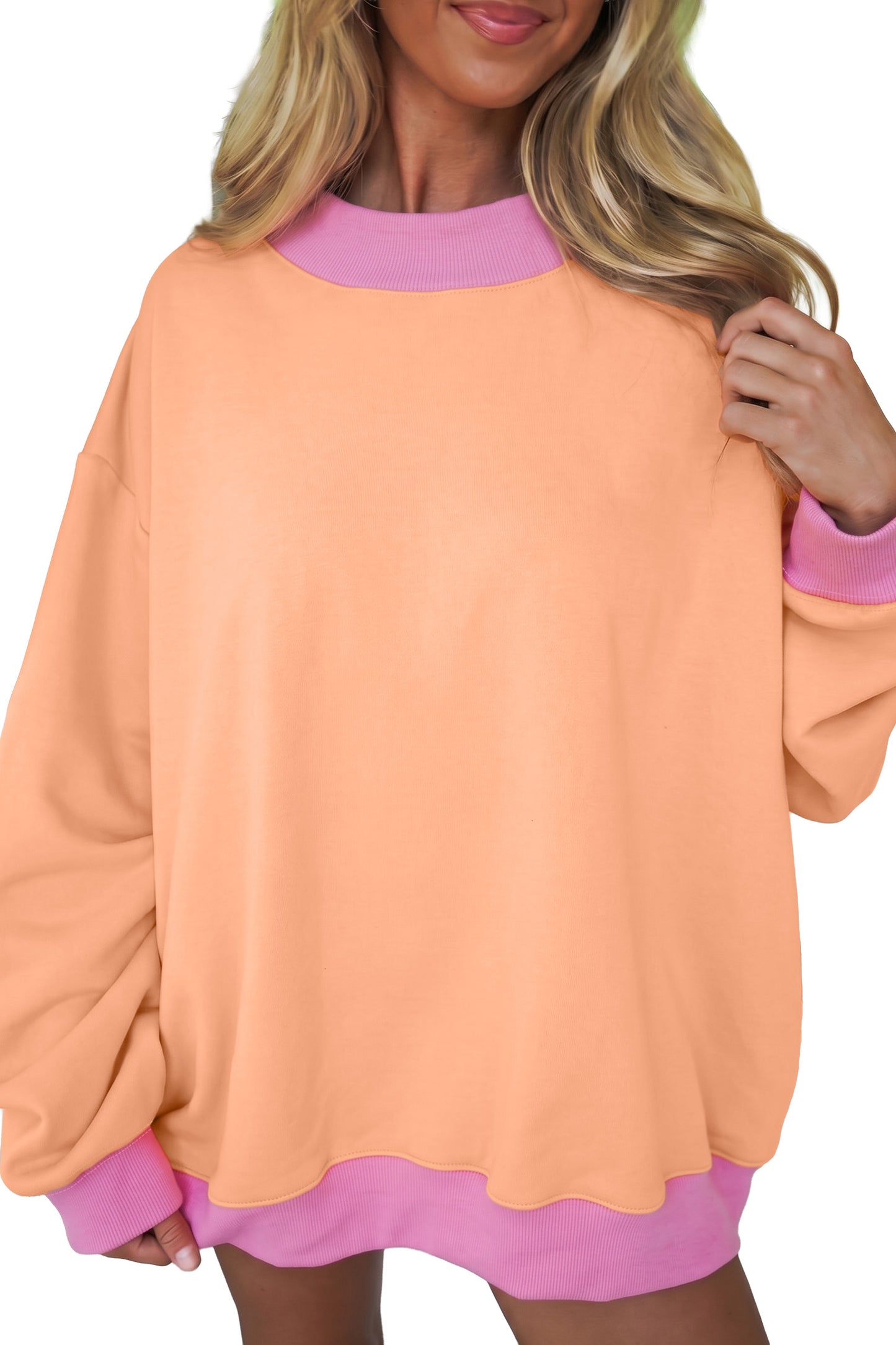 Grapefruit Orange Colorblock Trim Crewneck Long Sleeve Pullover Sweatshirt