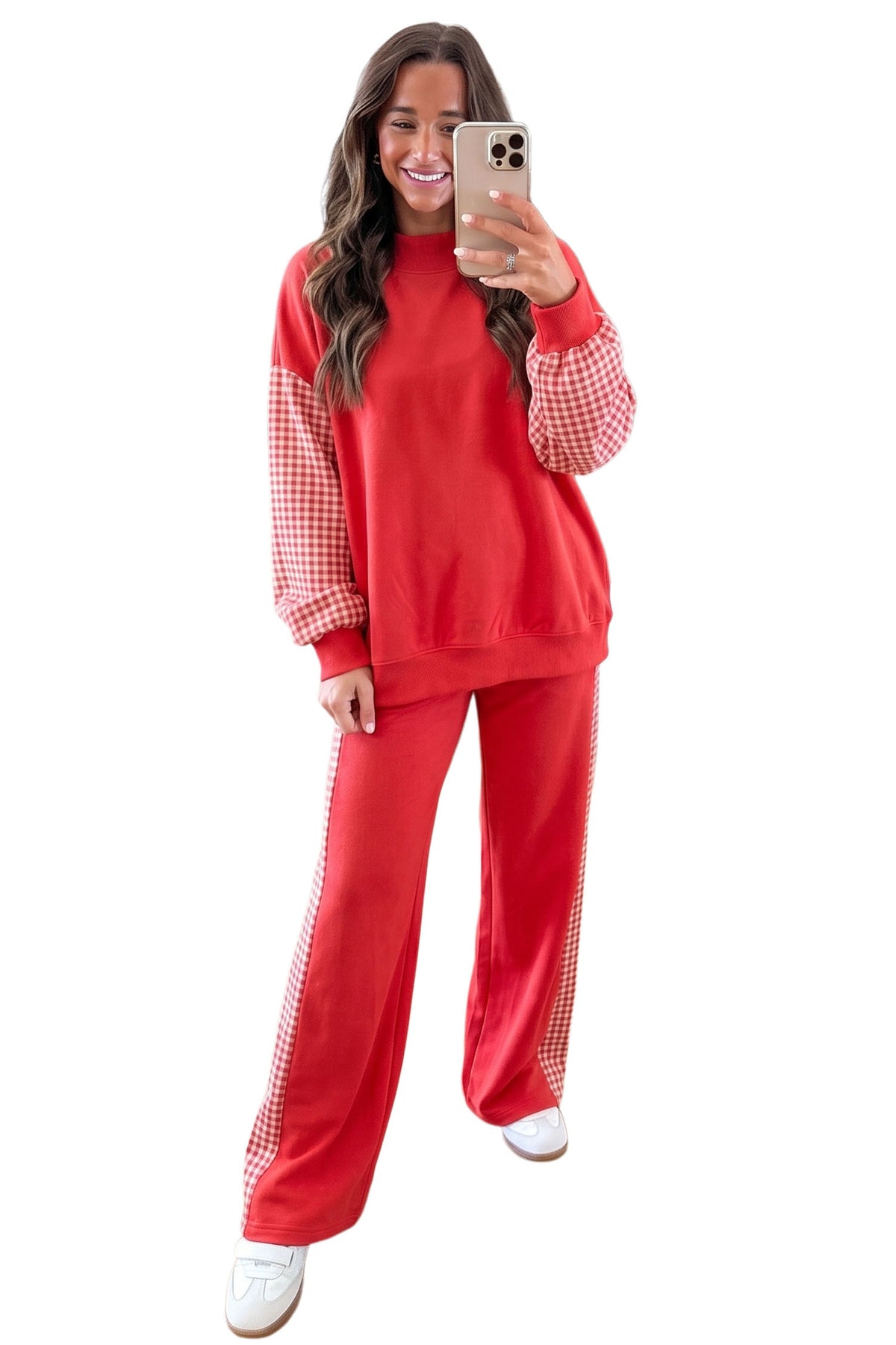 Fiery Red Plaid Contrast Long Sleeve Top And Wide Leg Pants Set