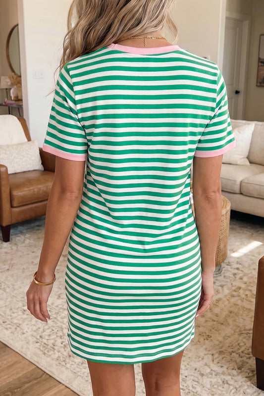 Green Stripe Nautical Tie Contrast Trim Round Neck T Shirt Mini Dress