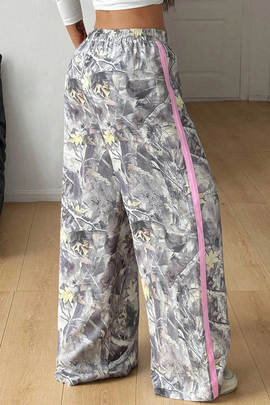 Gray Camo Woodland Print Color Block Detail Drawstring Wide Leg Sweatpants