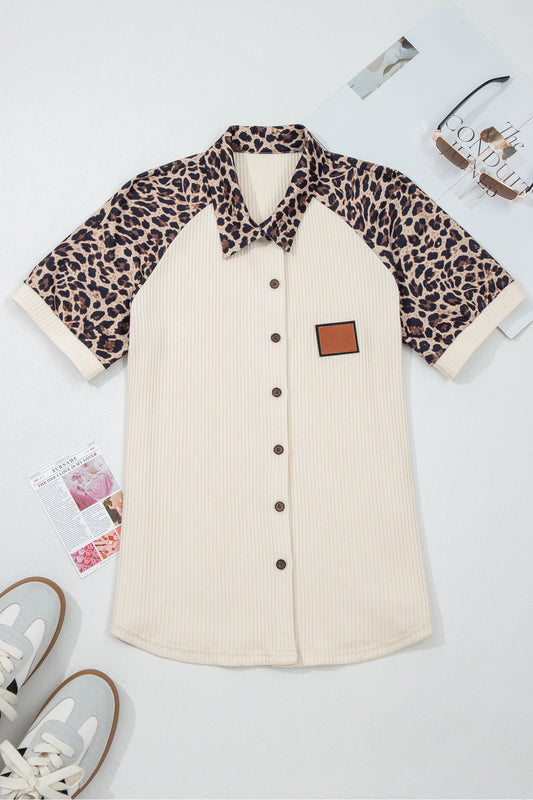 White Ribbed Texture Button Down Leopard Patchwork Short Sleeve Shirt
