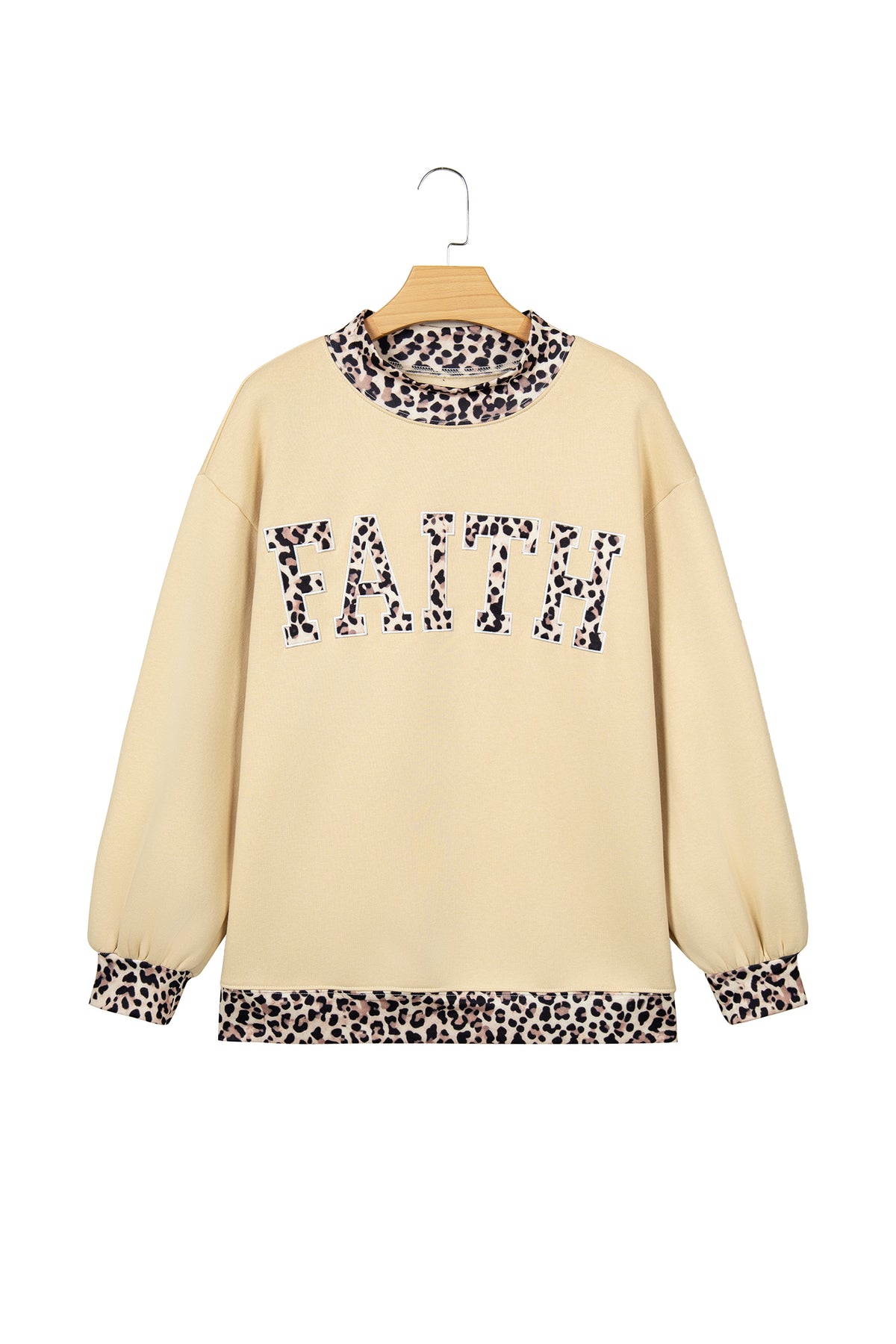 Parchment Leopard Trim High Neck FAITH Letter Graphic Baggy Sweatshirt