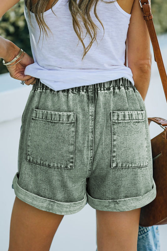 Short en jean taille haute avec cordon de serrage et poches