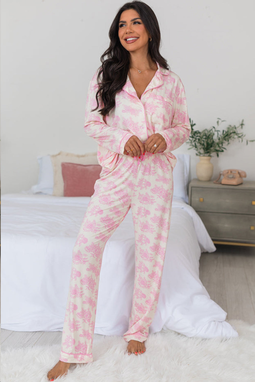 Ensemble pyjama à manches longues et pantalon à fleurs roses