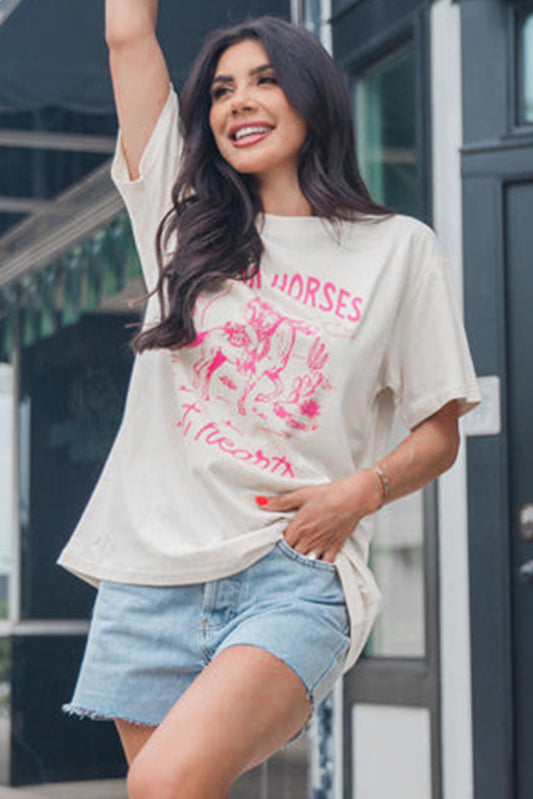 T-shirt blanc à col rond avec motif cowboy Western BREAK HORSES