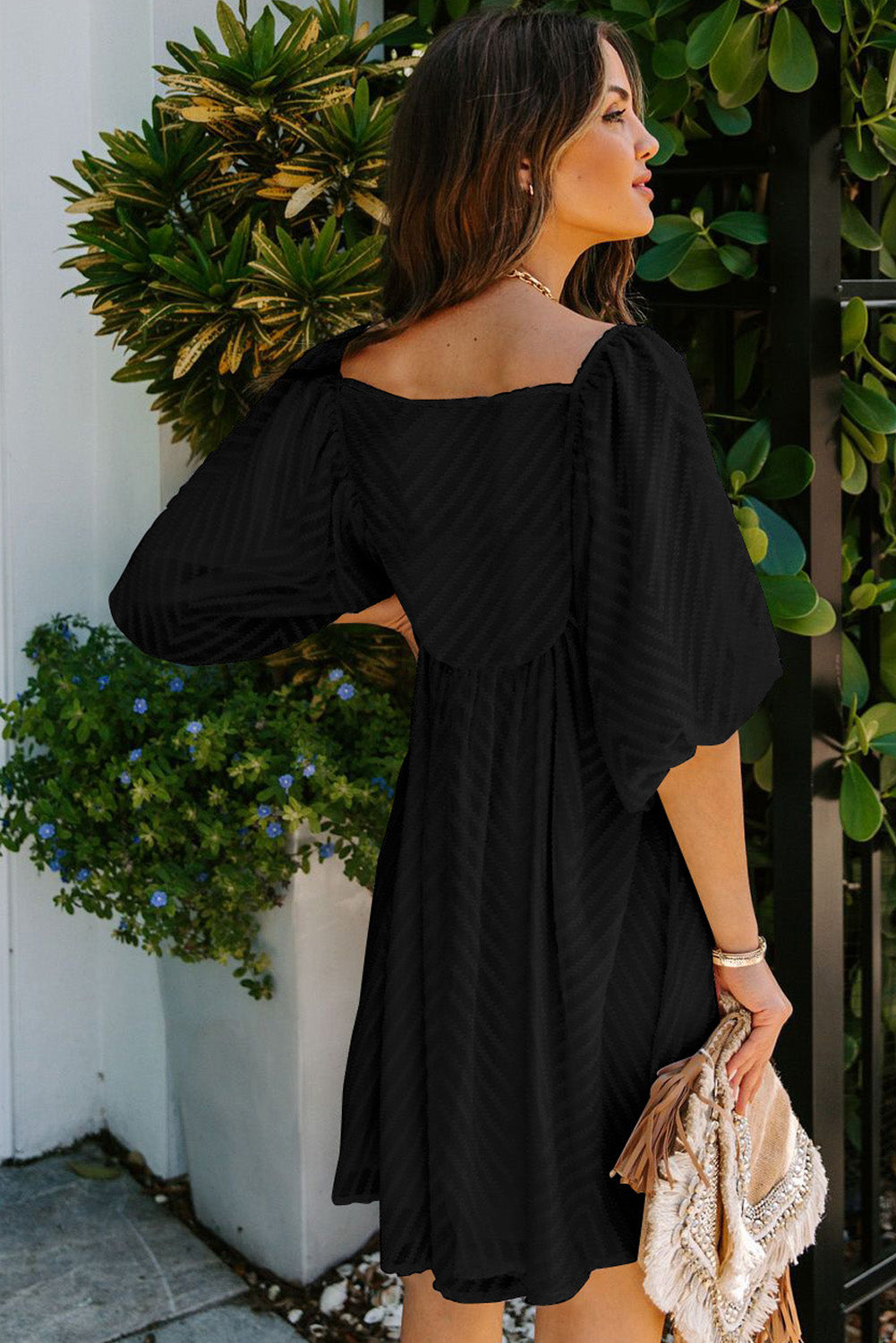black square neck puff sleeve dress Square Neck Puff Sleeve Babydoll Mini Dress – HannaBanna Clothing