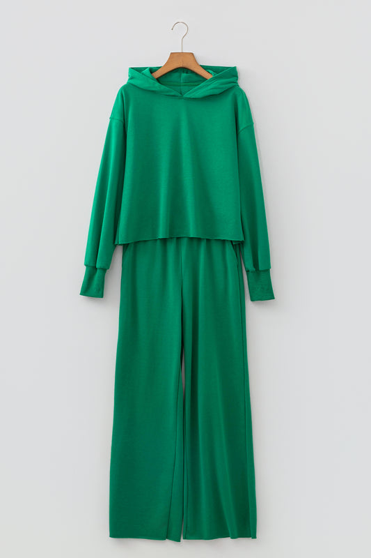 Bright Green Solid Color Hooded Long Sleeve Elastic Waist Pocket Pant Set