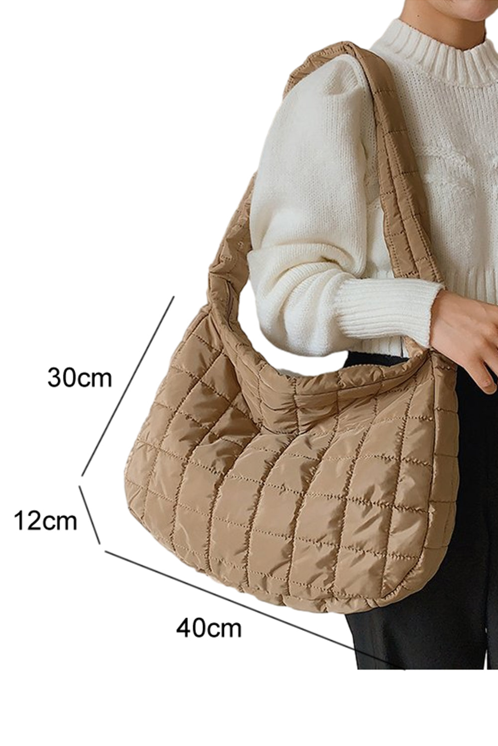 Grand sac à bandoulière matelassé beige clair avec fermeture éclair