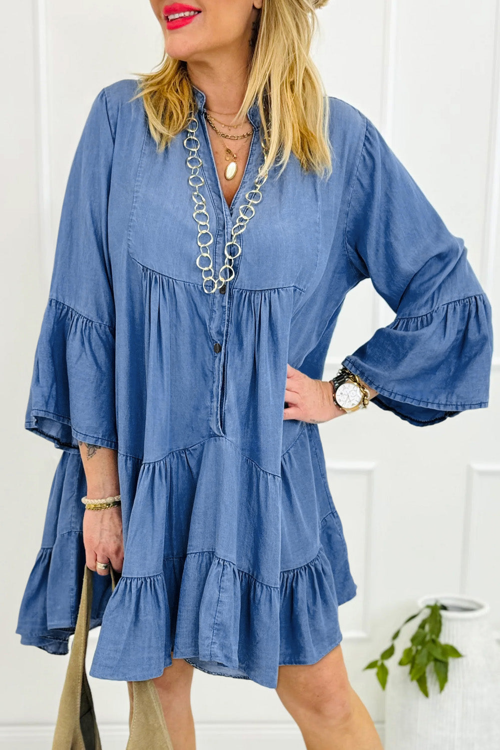mini dress 3 4 sleeve Sunny Angela Women's Chambray Denim Ruffled Tiered Split V Neck Mini Dress