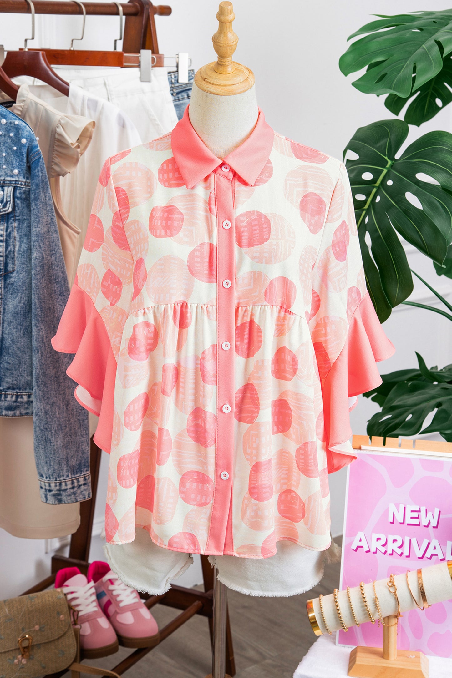 Pink Double Polka Dot Printed Ruffle Trim Short Sleeve Babydoll Shirt