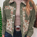 Sage Green Ribbed Retro Floral Patchwork Shirt Style Jacket