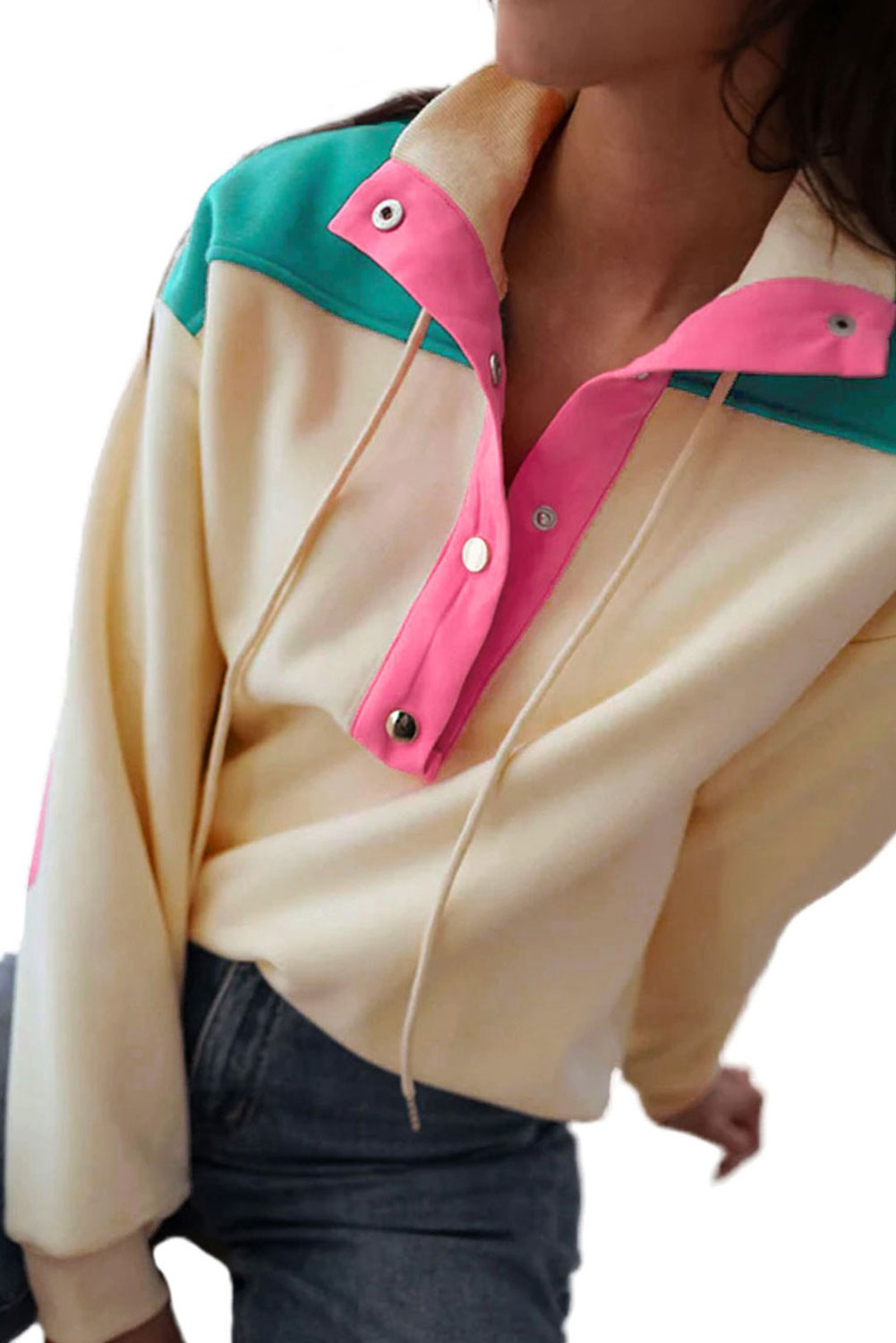 Sweat-shirt à demi-boutons et blocs de couleur abricot