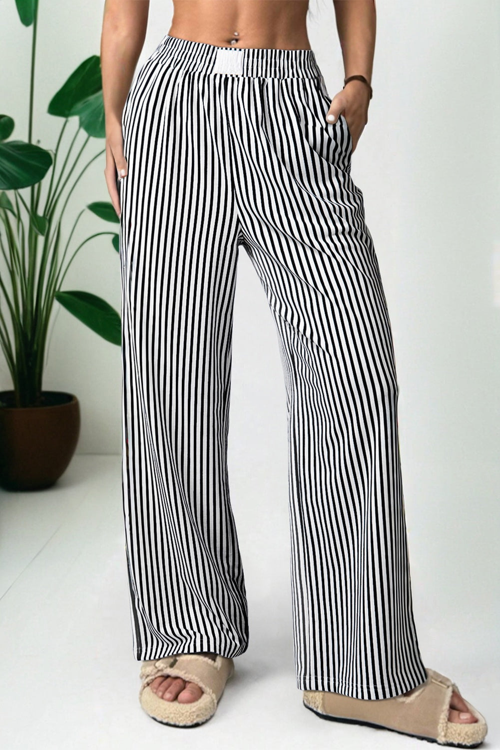Black Stripe Elastic High Waist Pocketed Loose Pants – HannaBanna Clothing