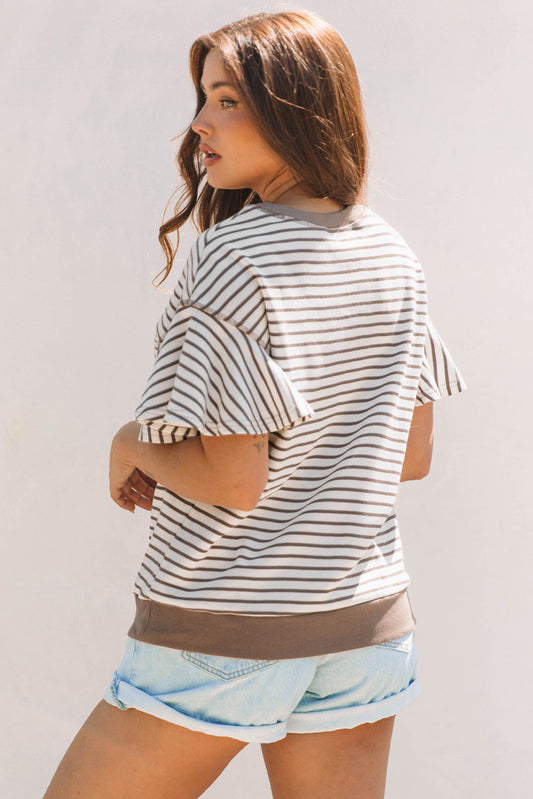 Parchment Contrast Detail Striped Ruffle Short Sleeve Top