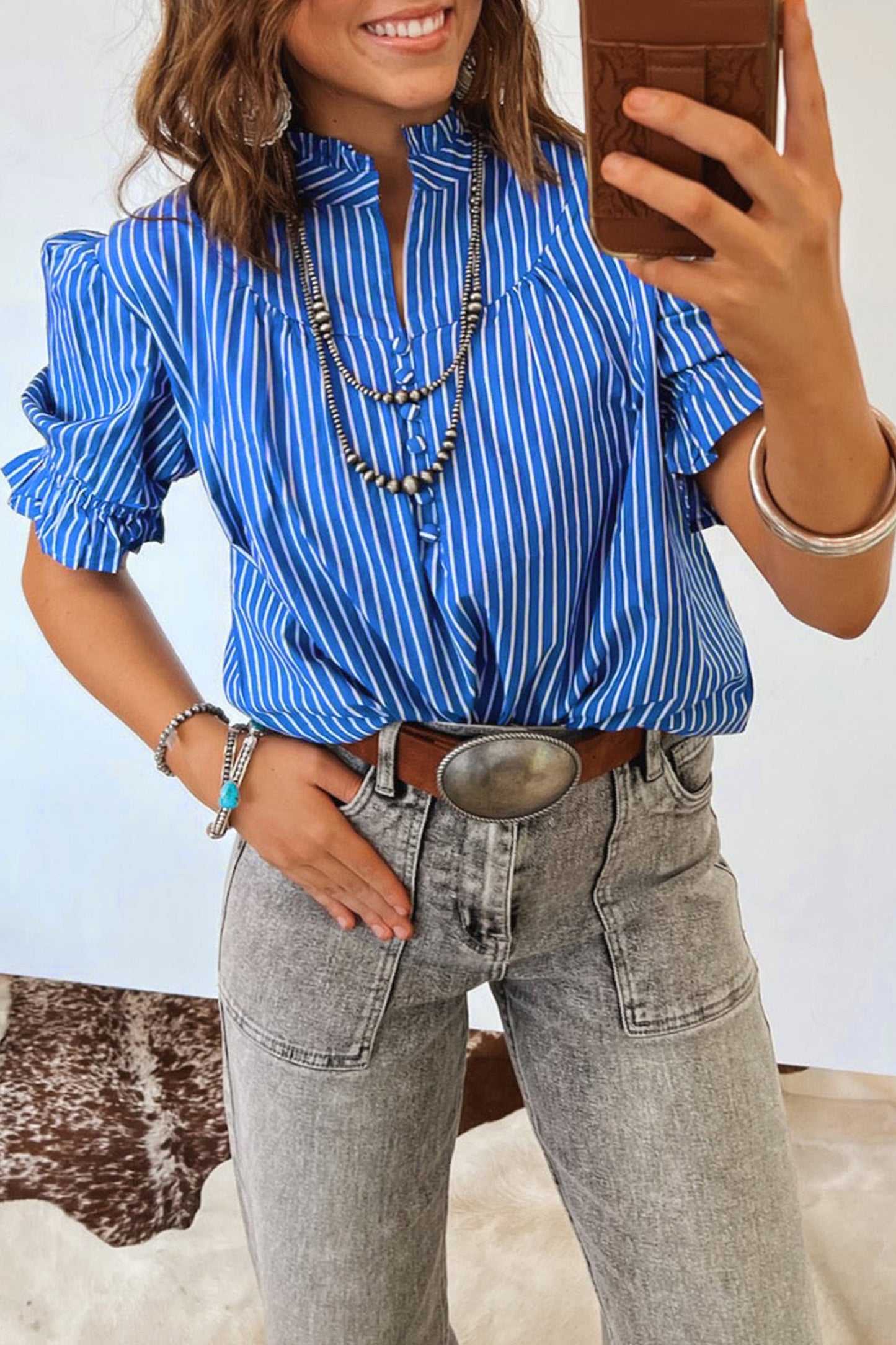 Red Stripe Ruffled Short Puff Sleeve Button Front Blouse