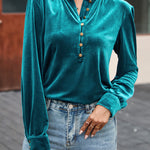 Green Frilled Neck Buttoned Front Velvet Top