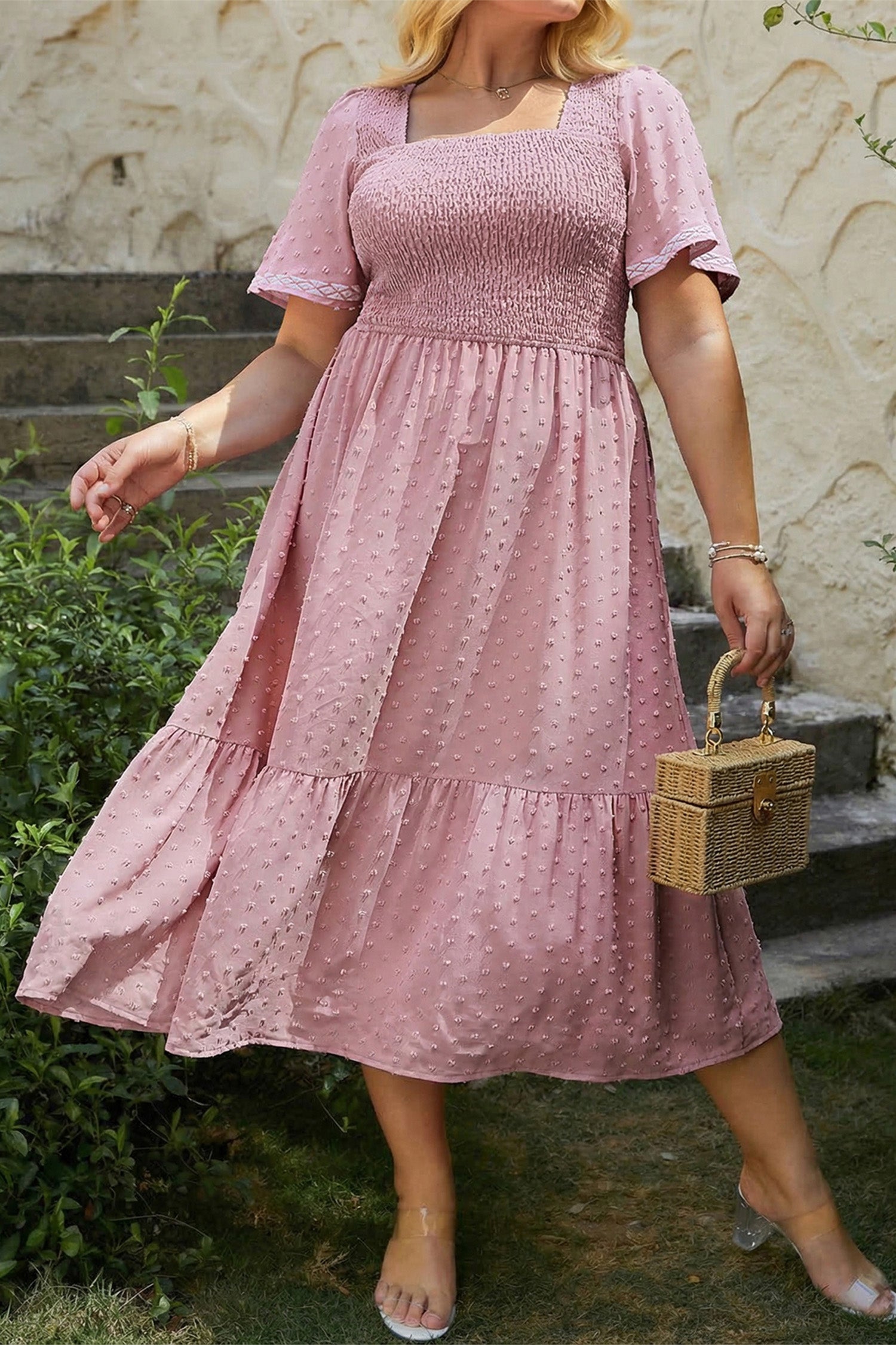 Pink Plus Size Swiss Dot Short Sleeve Smocked High Waist Flowy Midi Dr HannaBanna Clothing Pink Plus Size Swiss Dot Short Sleeve Smocked High Waist Flowy Midi Dr HannaBanna Clothing