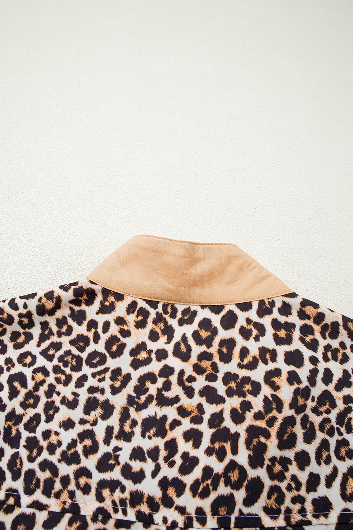 Khaki Button Striped Collar Leopard Print Long Sleeve Flared Dress