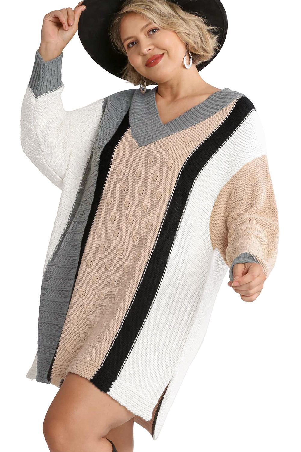 Vestido suéter talla grande bloque de color boucl mixto albaricoque