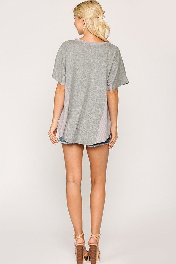 Rib Knit Mixed Dolman Sleeve Top With Round Hem – alternate view