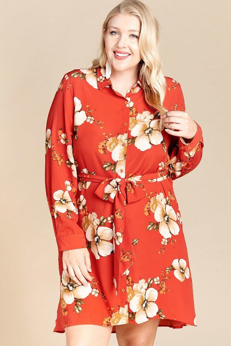 Floral Woven Button-Down Collared Shirt Dress