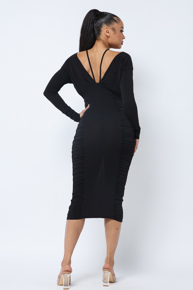 Long Sleeve Midi Dress With Low V Neck Front And Back With Ruching On Sides And Chest – alternate view