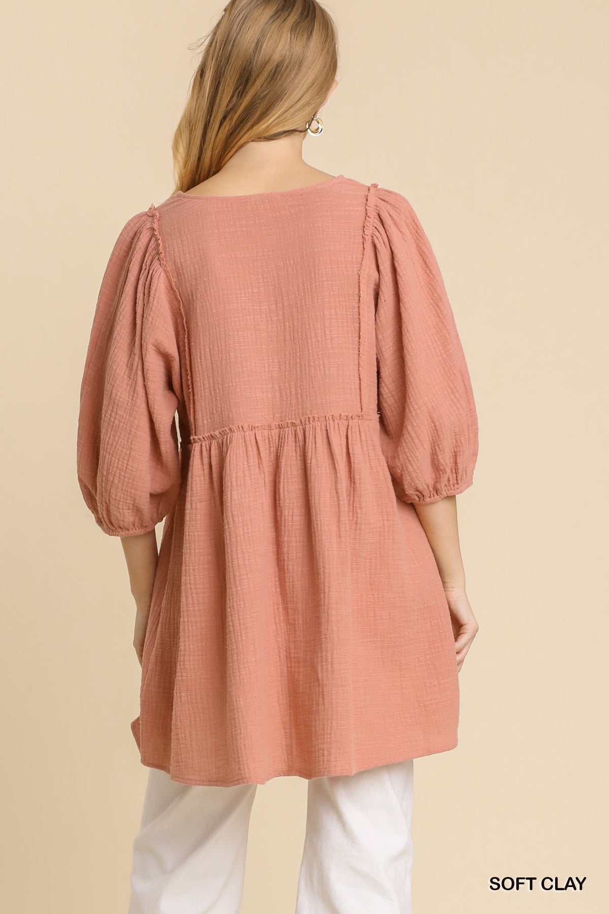 Gauze Slub V-Neck Frayed Edge Detail Tunic Dress – alternate view