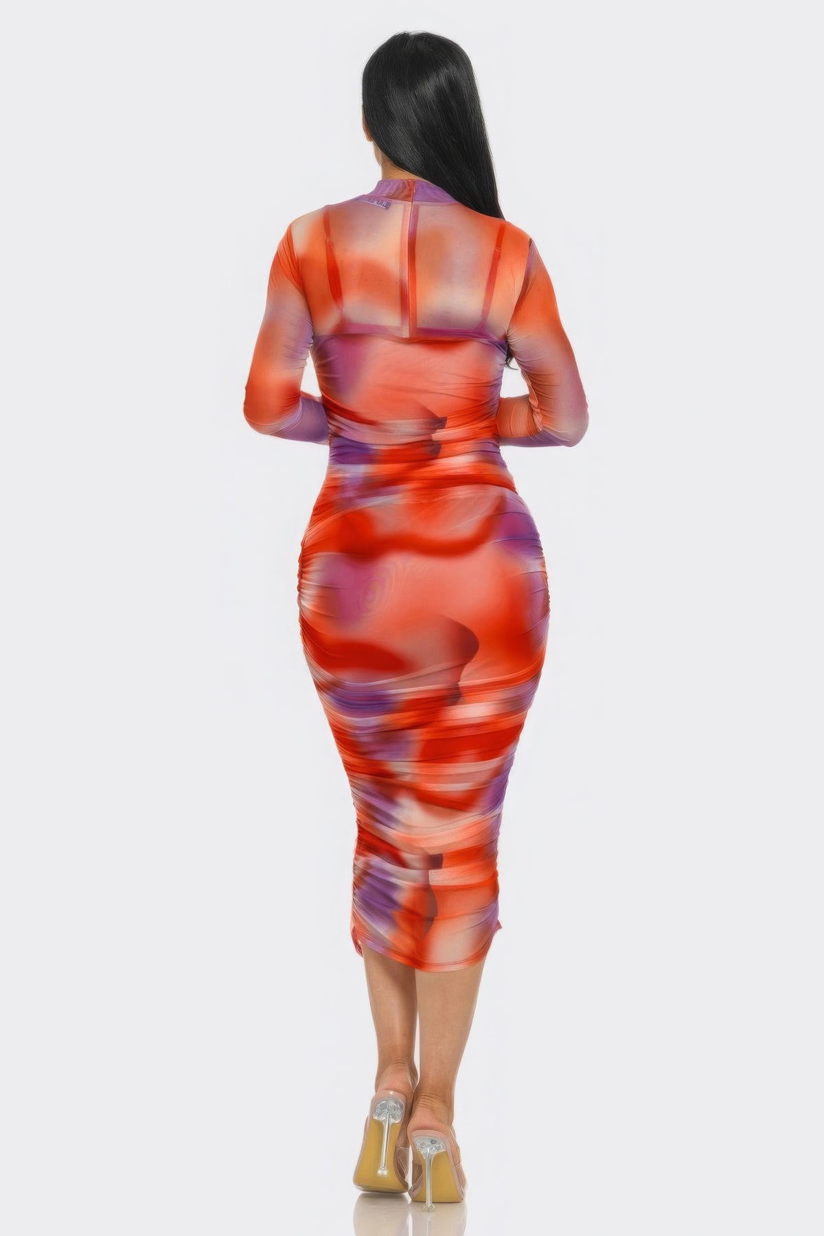 Summer Heat Print Mesh Ruched Midi Dress – alternate view