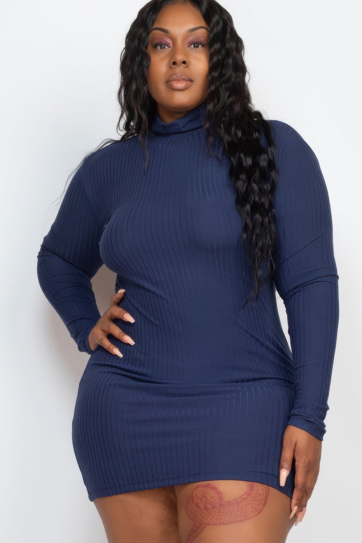 Plus Size Ribbed Long Sleeve Mock Neck Mini Bodycon Dress – alternate view
