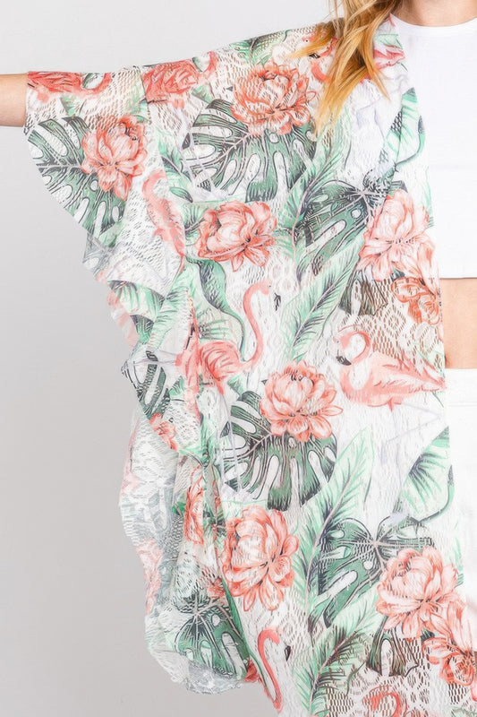 Ruffle Lined Tropical Flamingo Print Open Front – Pink – alternate view