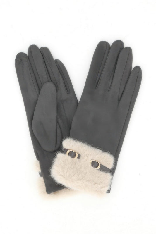Faux Suede Touchscreen Gloves With Faux Fur Cuff & Buckle