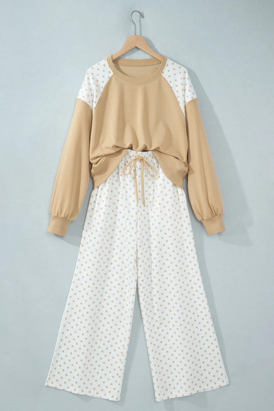 Polka Dot Patchwork Crop Sweatshirt & Pants Set