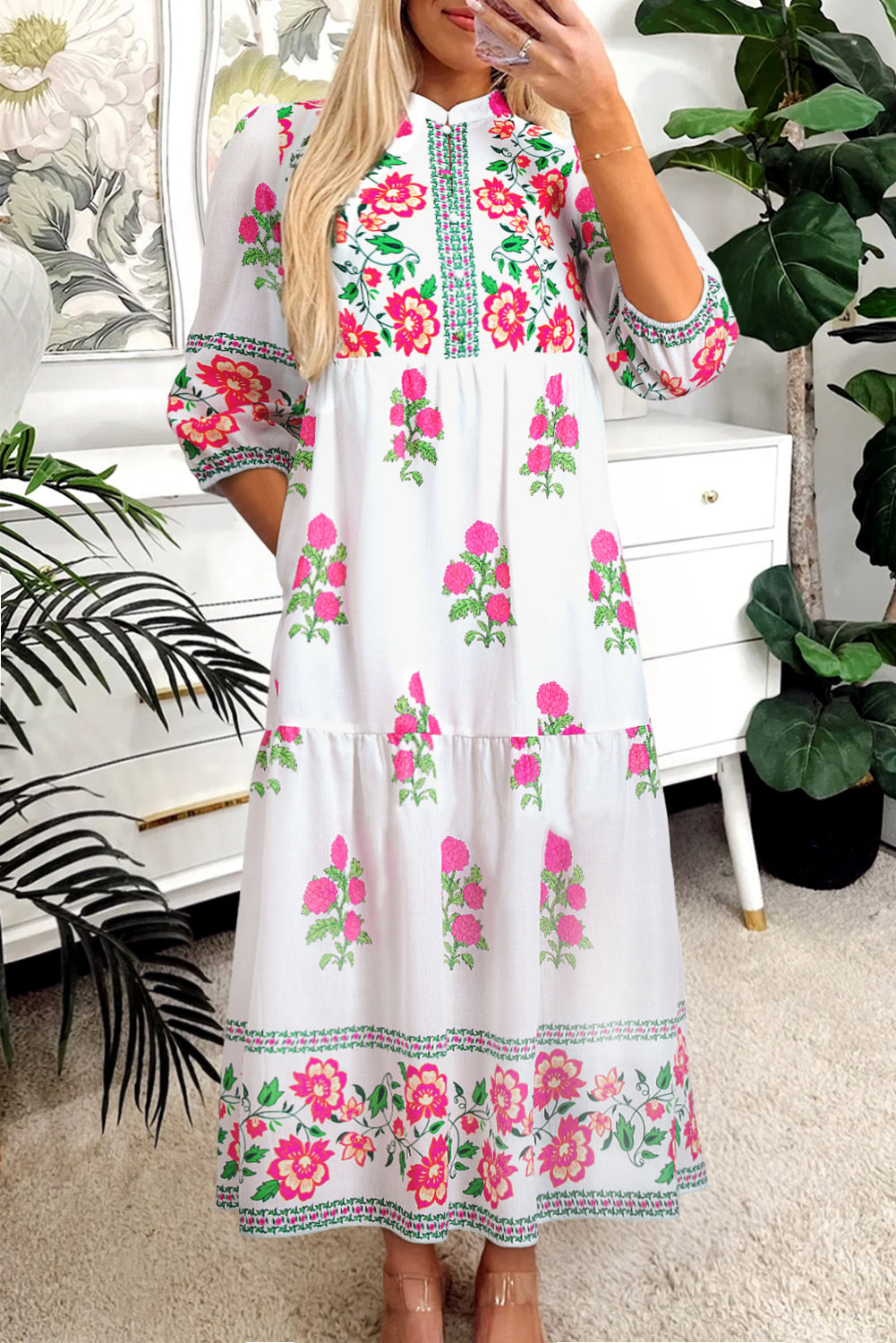 mid sleeve maxi dress White Floral Print Half Button Mandarin Neck 3/4 Sleeve Maxi Dress –  HannaBanna Clothing