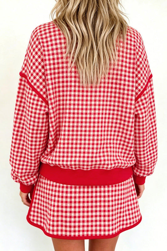 Red Gingham Oversized Ribbed Trim Crew Neck Long Sleeve Top and Skort Set