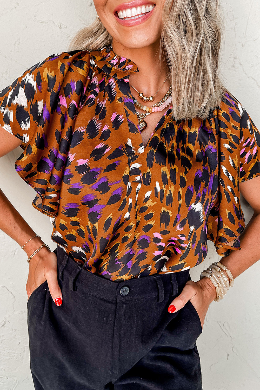 シャツ/ブラウス(半袖/袖なし) Leopard pattern blouse Orange Leopard Printed Draped Short Sleeve Slit V Neck Blouse