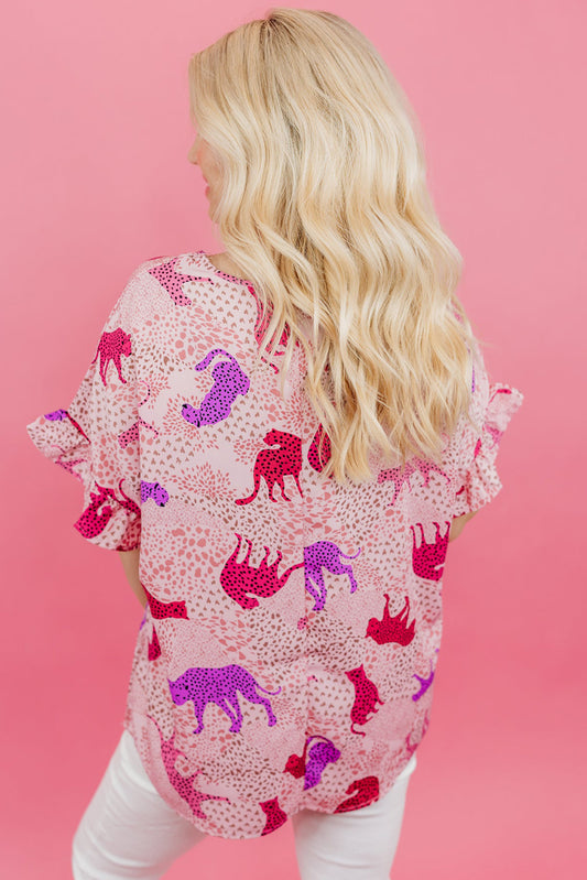 Plus Size Jaguar Print Ruffled Short Sleeves Top