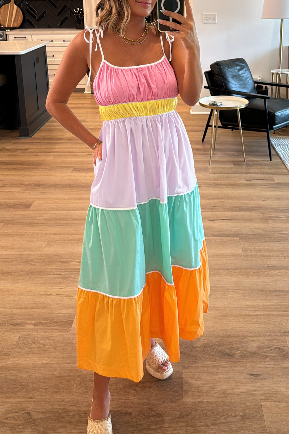 chinese dress ladies Multicolour Colorblock Self-Tie Straps High Waist Flowy Maxi Dress with Pockets
