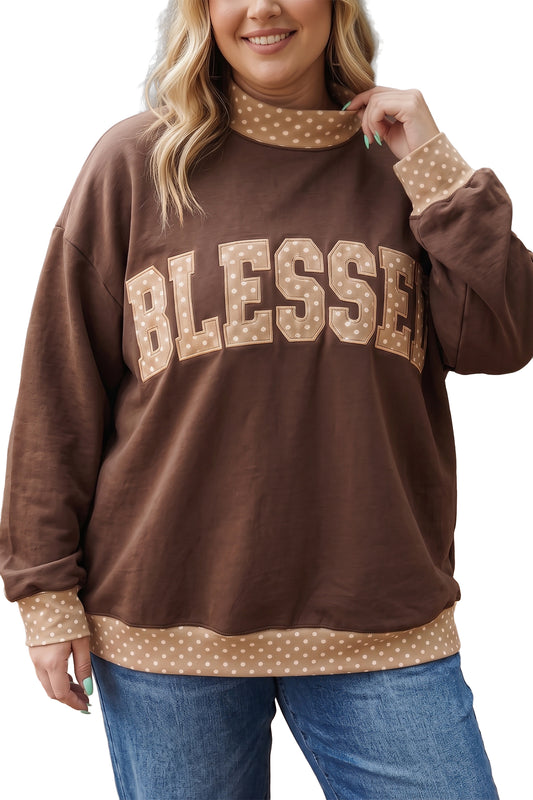 Coffee Plus Size Polka Dot/Leopard Trim Mock Neck BLESS/FAITH Graphic Sweatshirt