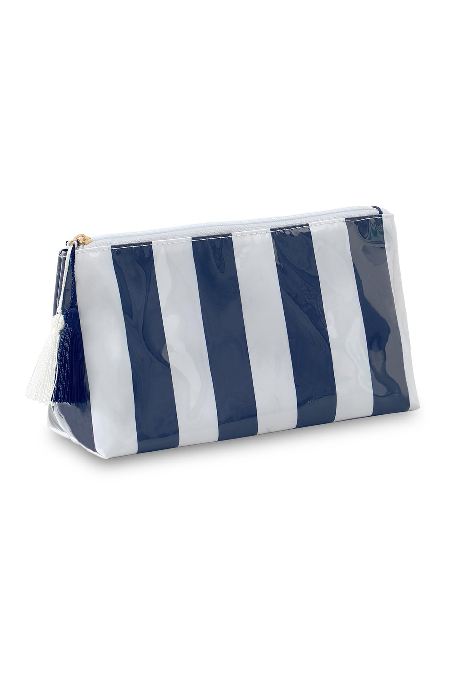 Navy Blue Striped Vinyl Waterproof Tassel Zipper Makeup Bag
