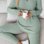 Grass Green Ribbed Notched Neck Knit Long Sleeve Leggings Two Pieces Lounge Set