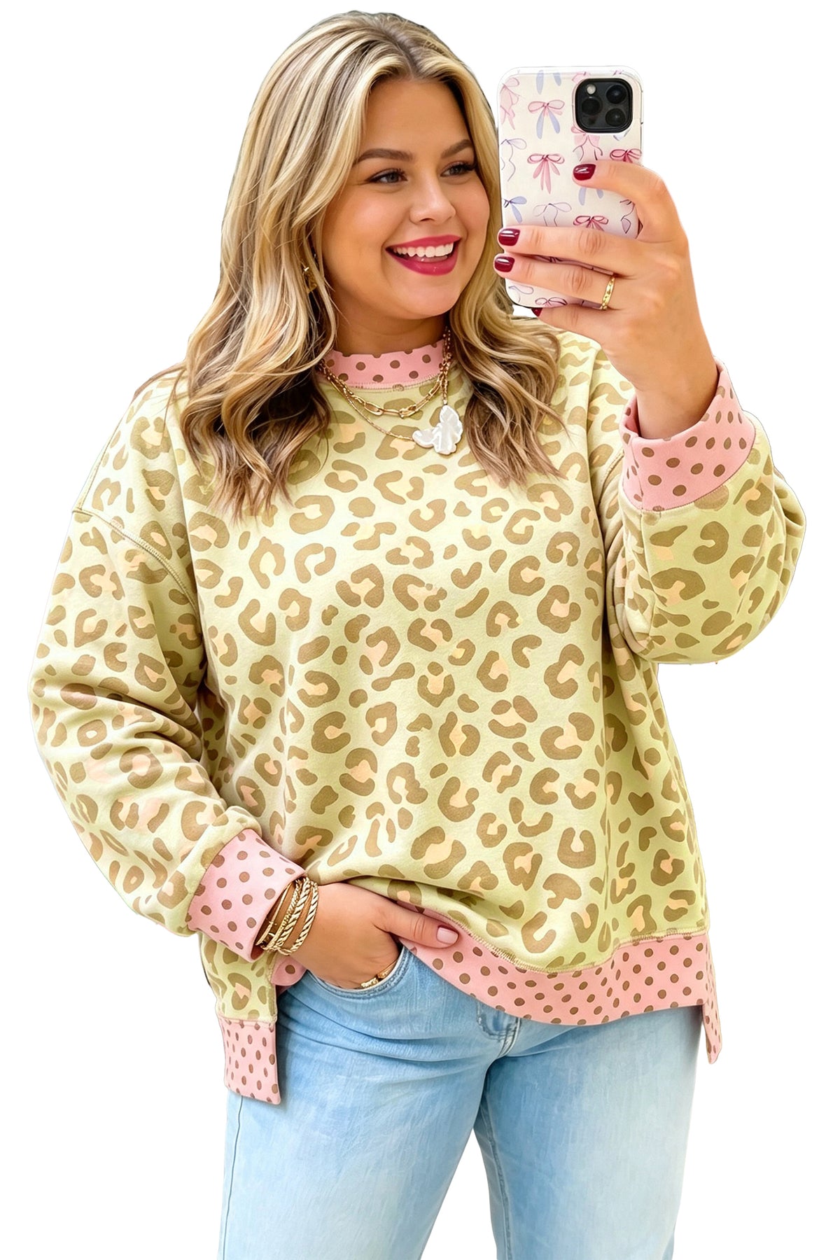 Khaki Plus Size Leopard Print Contrast Polka Dot Trim Long Sleeve Top